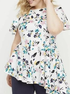 Lane Bryant Asymmetrical Floral Peplum Top - White with Pink & Teal, Size 26